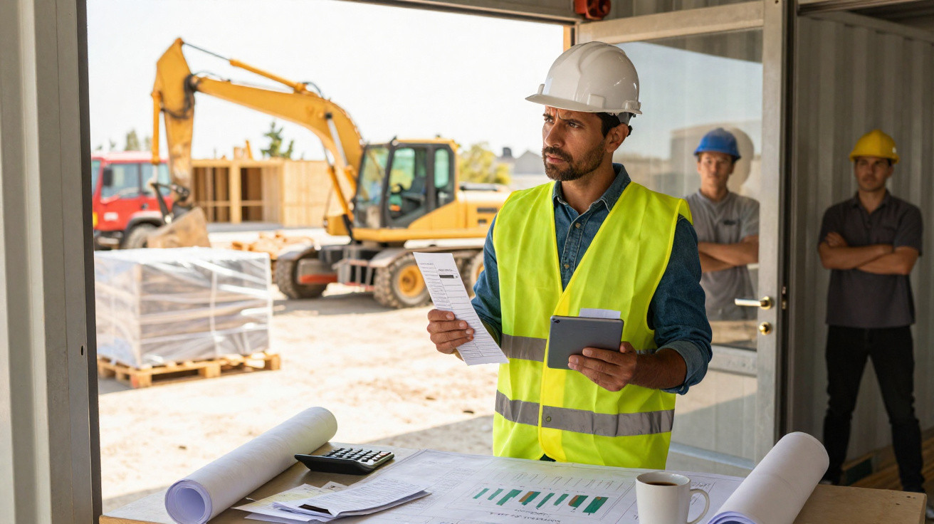 Engenheiro civil com colete e capacete branco revisa documentos em canteiro de obras com equipes e máquinas ao fundo.