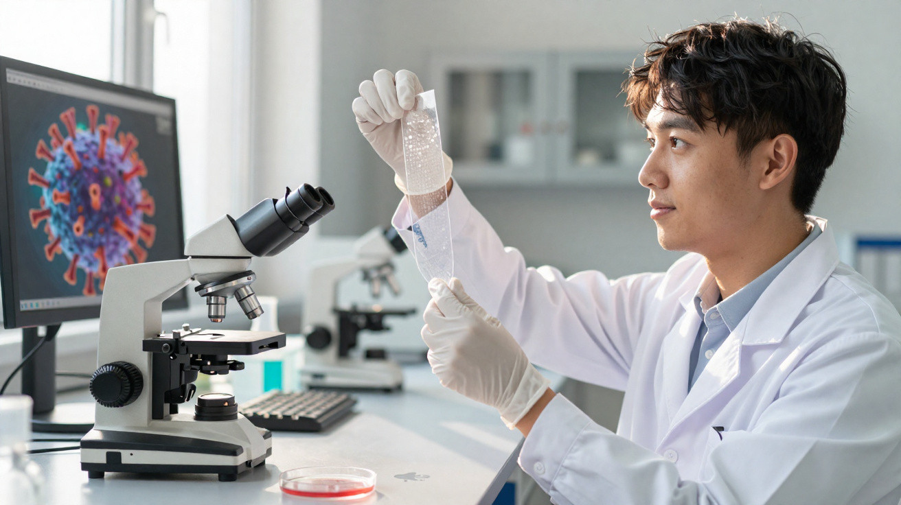 Cientista em laboratório analisando lâmina de vidro com imagem de vírus exibida no computador ao fundo.