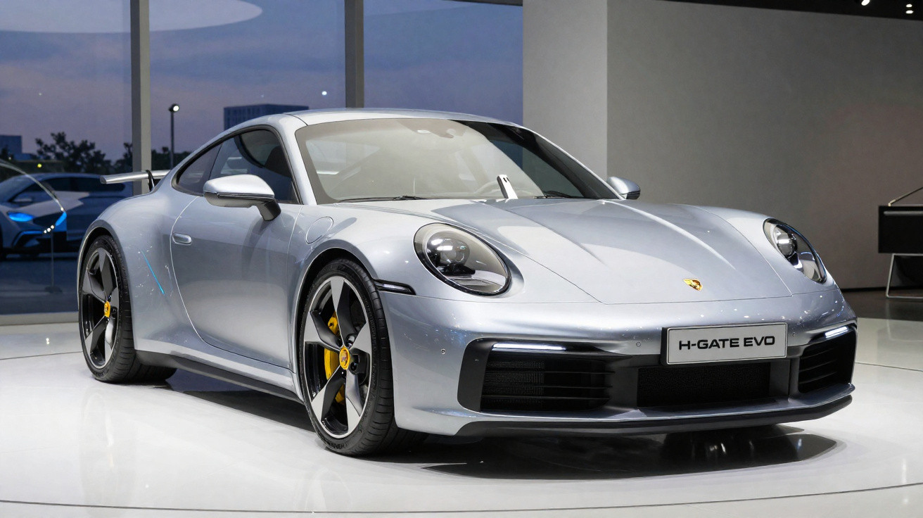 Carro esportivo prata Porsche H-Gate Evo exibido em ambiente interno moderno.