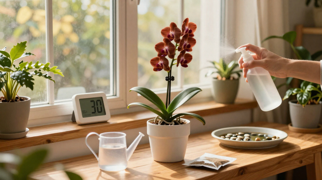 Ambiente iluminado com plantas em vasos, orquídea vermelha e mão borrifando água em uma delas.