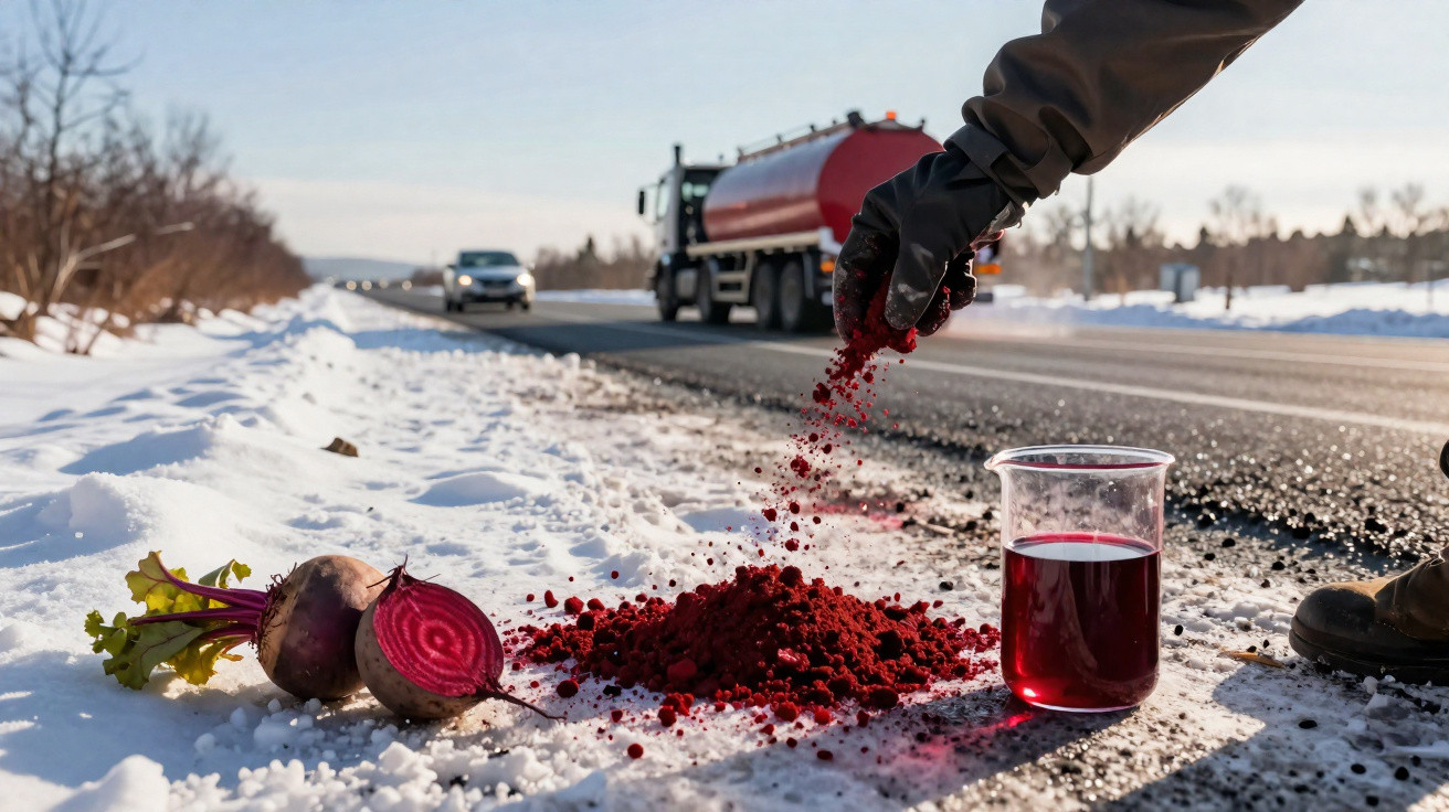 Pó vermelho sendo espalhado na neve à beira de estrada com beterraba e copo com líquido vermelho ao lado.