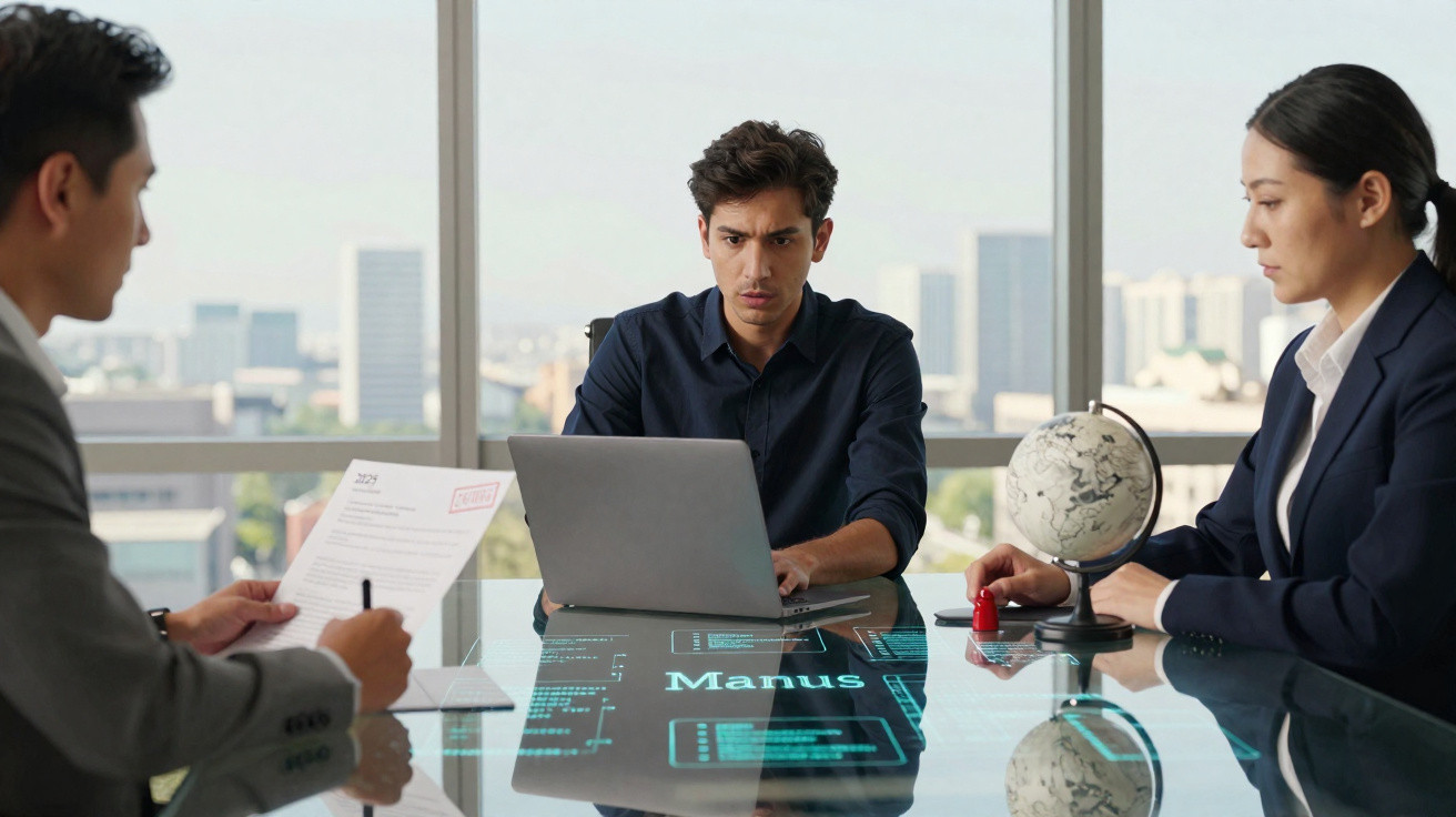 Três pessoas em reunião de negócios em escritório moderno com laptop e documentos sobre mesa de vidro.