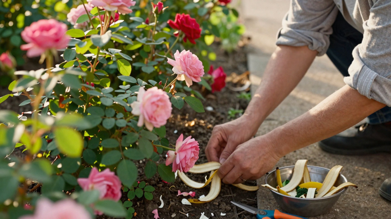 Pessoa cuidando de rosas e usando casca de banana como adubo no jardim ensolarado.