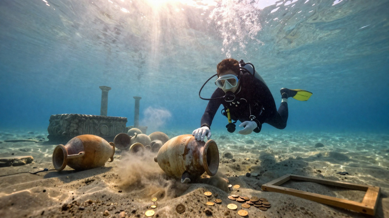 Mergulhador explora jarros antigos e moedas espalhadas no fundo do mar com luz solar refletida na água.
