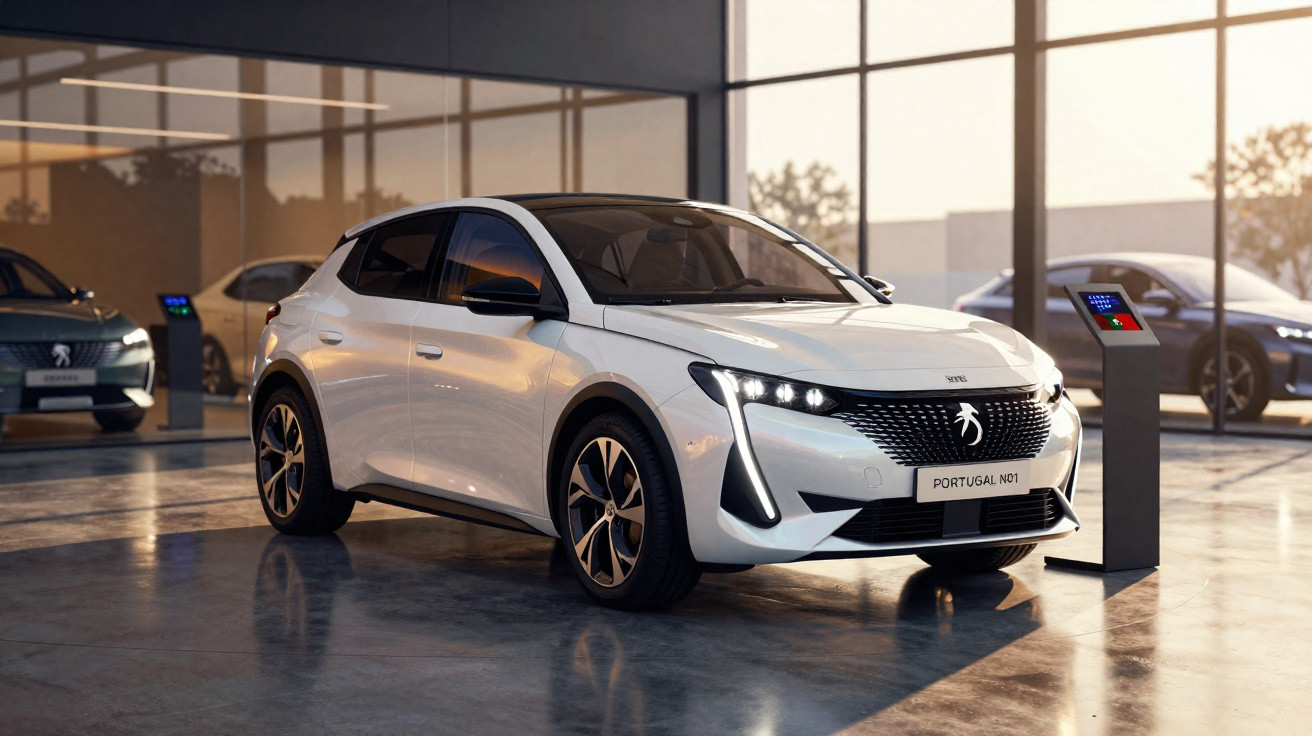 Carro elétrico Peugeot branco em showroom moderno com luz natural e painéis de carregamento ao lado.