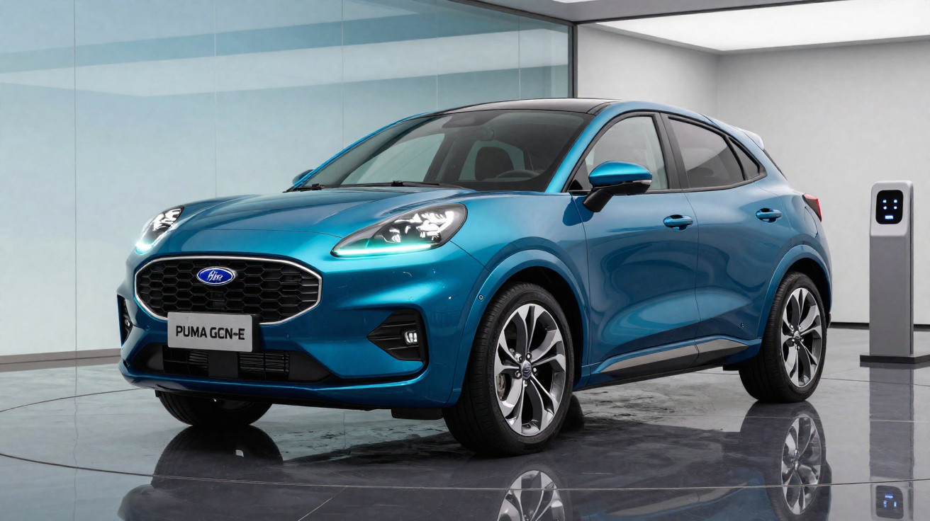 Carro elétrico Ford Puma GCN-E azul estacionado em ambiente interno moderno.