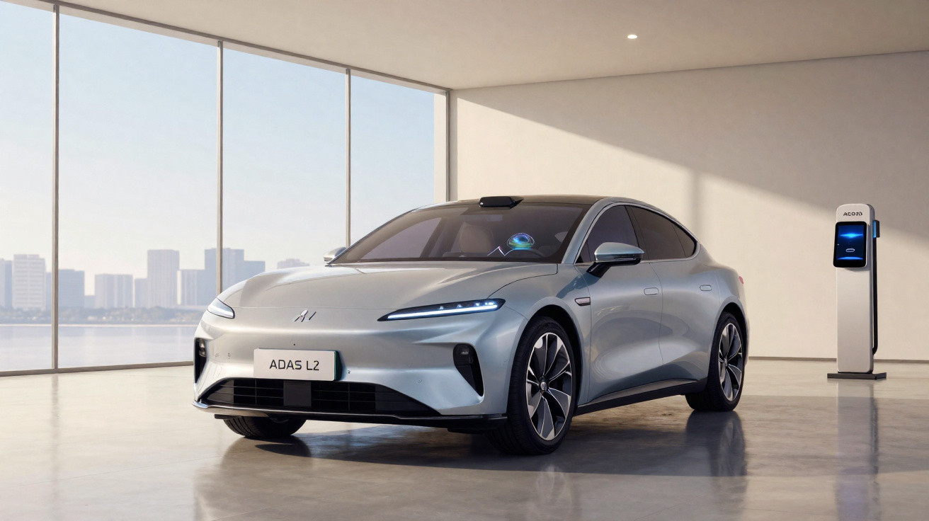 Carro elétrico cinza estacionado em ambiente interno moderno, próximo a ponto de carregamento.