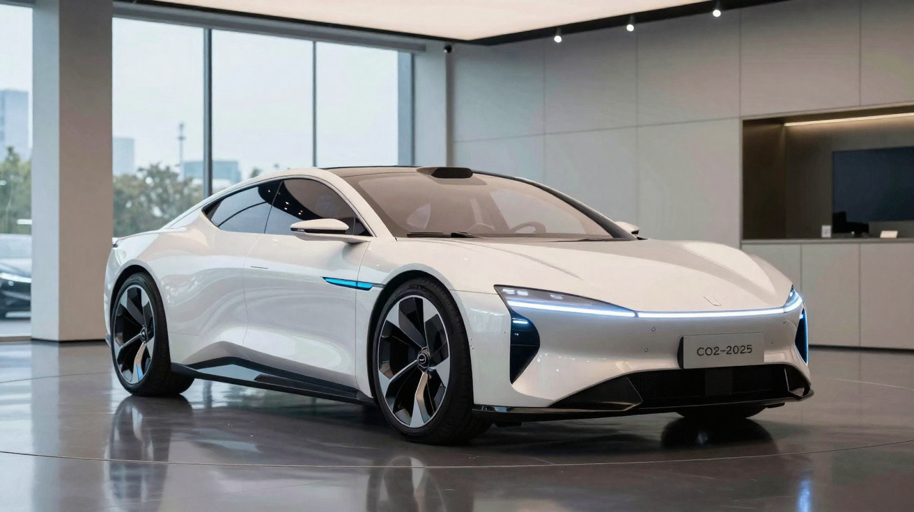 Carro elétrico esportivo branco futurista exibido em showroom com design aerodinâmico e rodas grandes.