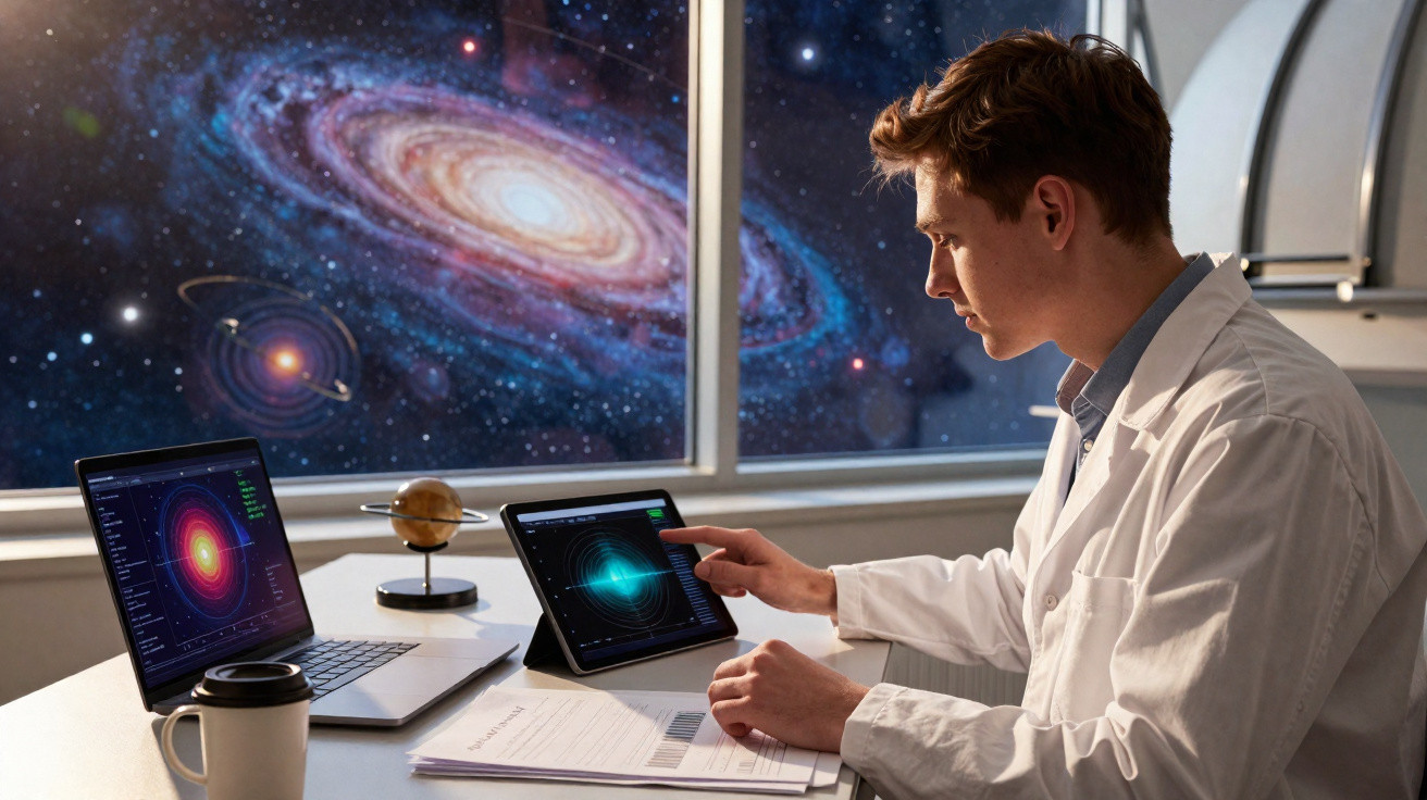 Homem em jaleco branco analisa dados astrofísicos em tablet, com galáxias visíveis na janela ao fundo.