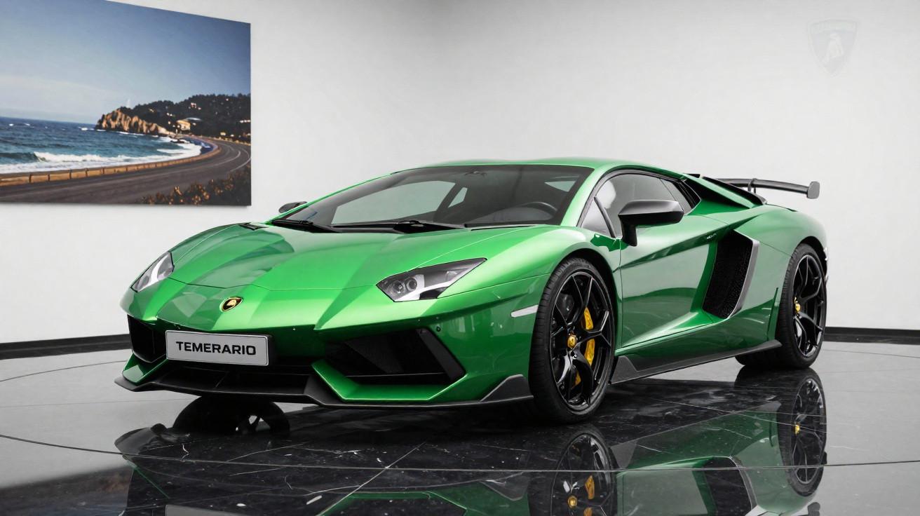 Carro esportivo Lamborghini Aventador verde brilhante estacionado em piso preto e parede branca com quadro à esquerda.