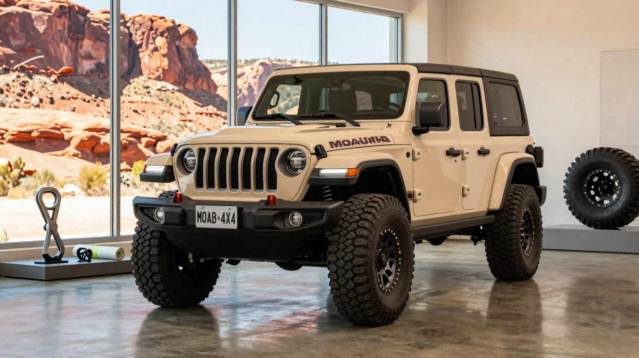 Jeep Wrangler Sahara bege exposto em ambiente interno com vidro e paisagem rochosa ao fundo.