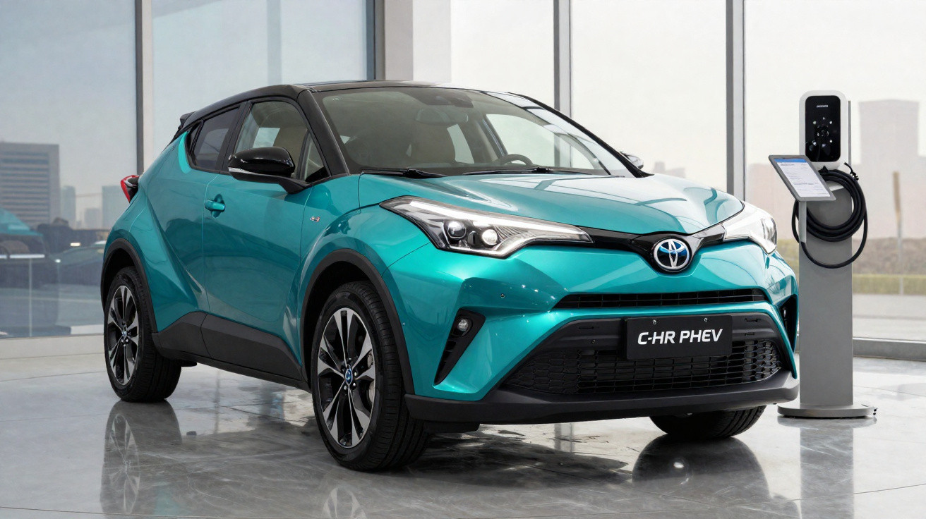 Carro elétrico Toyota C-HR PHEV azul estacionado ao lado de carregador em showroom moderno.