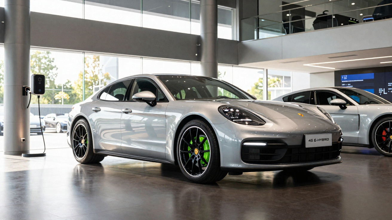 Carro esportivo híbrido cinza estacionado em showroom moderno com piso refletivo e grande iluminação natural.