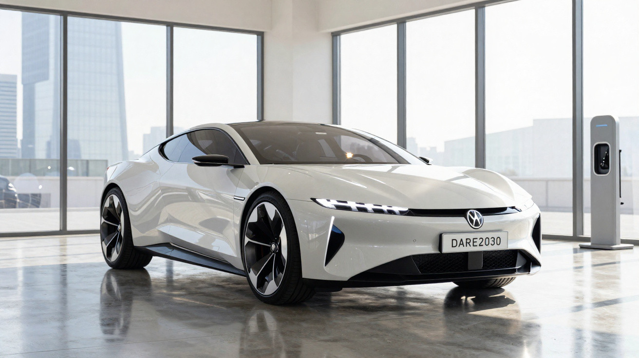 Carro esportivo elétrico branco estacionado em garagem moderna com carregador ao fundo.