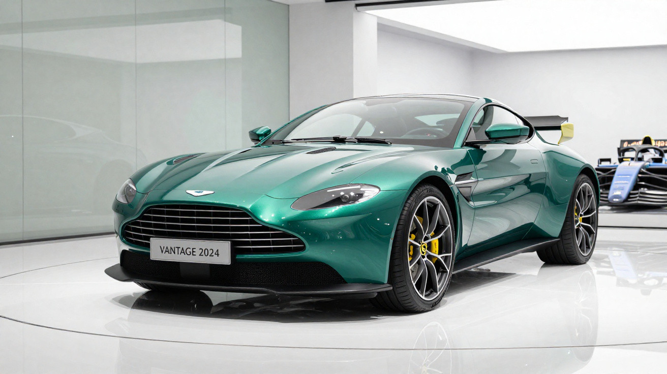 Carro esportivo Aston Martin Vantage 2024 verde em exposição, com design aerodinâmico e rodas pretas com detalhes amarelos.