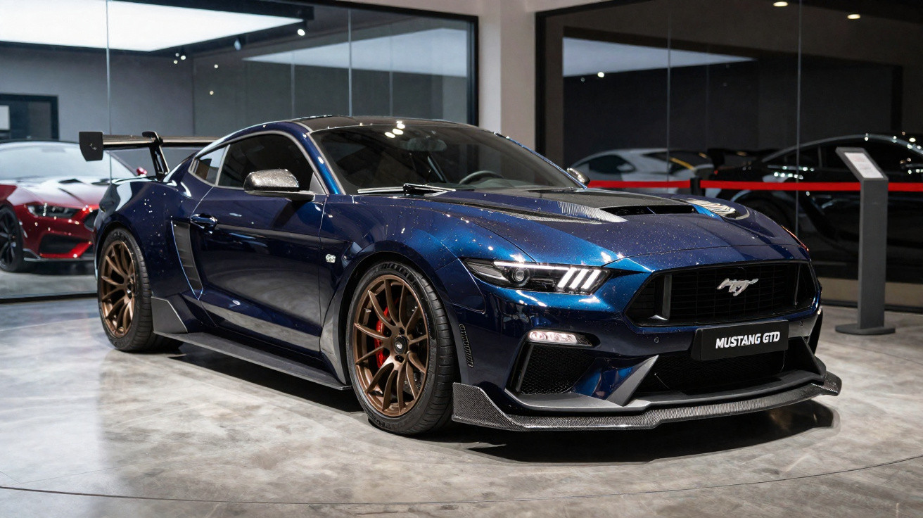Carro esportivo Ford Mustang GTD azul com rodas bronze exposto em showroom moderno.