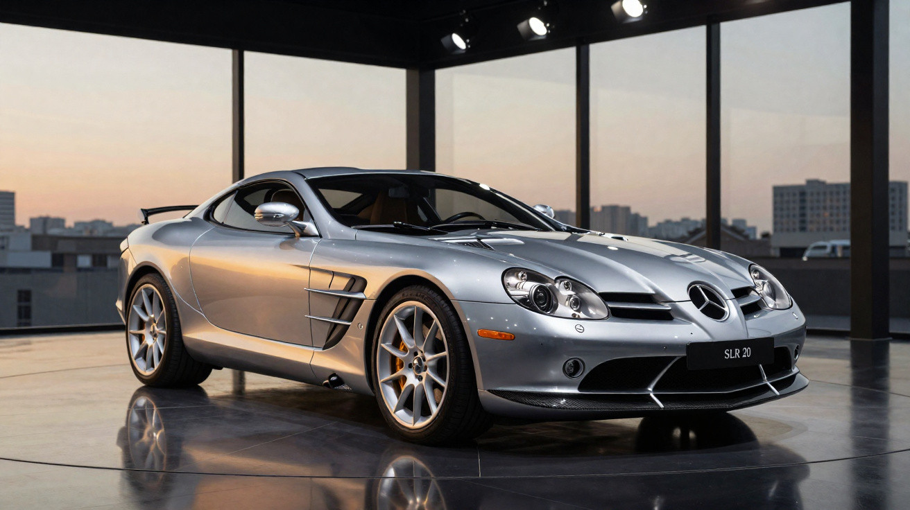 Carro esportivo prateado Mercedes-Benz SLR 20 em exposição com fundo de janelas grandes e cidade ao fundo.