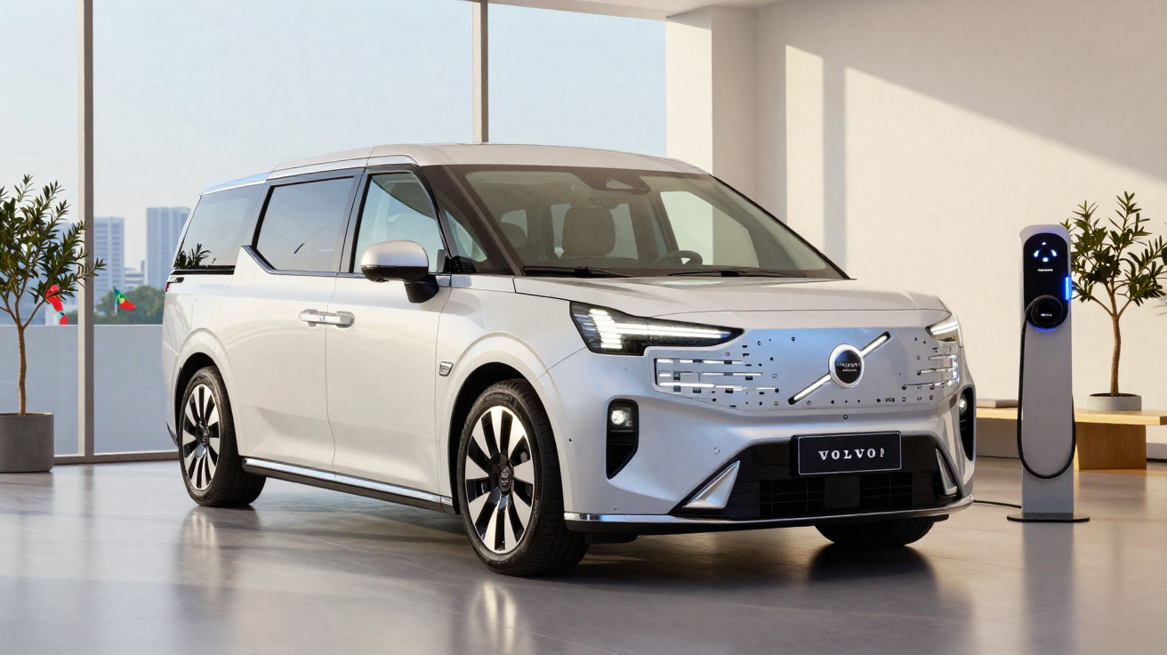 Carro elétrico Volvo destacado em ambiente interno moderno com estação de carregamento ao lado.