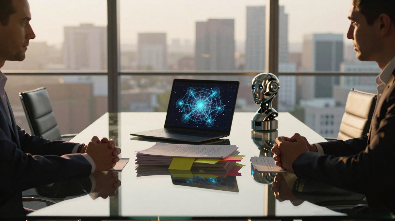 Duas pessoas em reunião de negócios em sala com janela grande, laptop com gráfico digital e cabeça de robô na mesa.