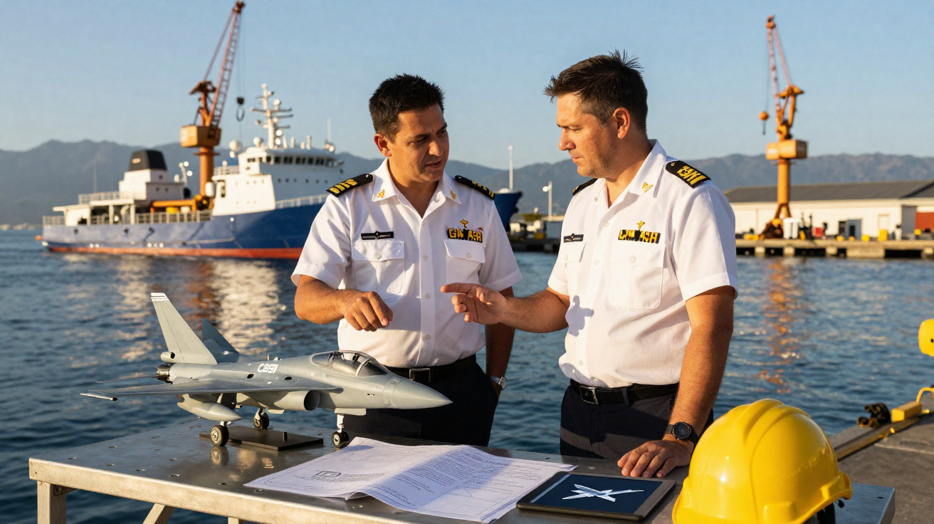 Dois oficiais da marinha discutem modelo de avião militar em mesa com documentos e capacete amarelo no porto.