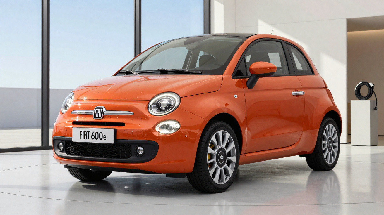 Carro elétrico Fiat 600e hatch compacto na cor laranja estacionado em ambiente interno moderno.