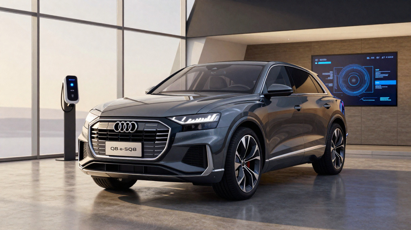 Audi Q8 e-tron cinza estacionado em ambiente moderno com estação de recarga elétrica ao lado.