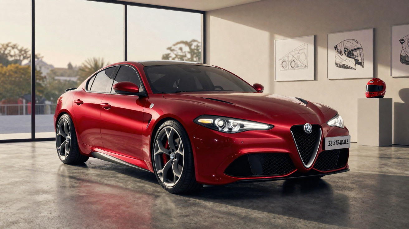 Carro esportivo vermelho Alfa Romeo Giulia Quadrifoglio estacionado em garagem com janelas grandes e quadros na parede.