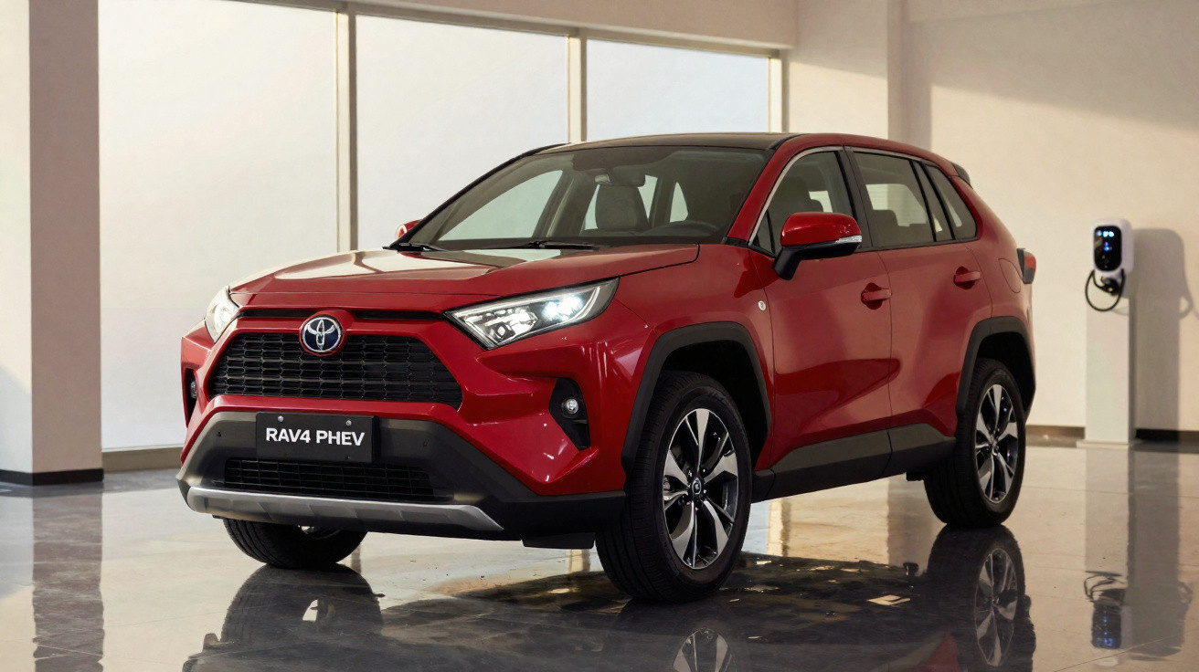 Carro Toyota RAV4 PHEV vermelho estacionado em ambiente interno moderno com carregador elétrico na parede.