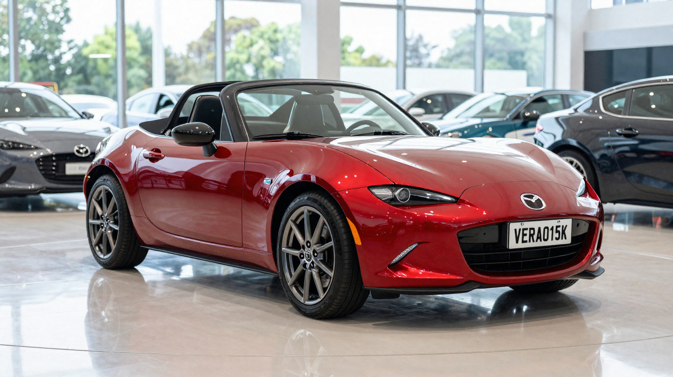 Carro esportivo conversível vermelho Mazda MX-5 exposto em showroom com pisos claros e outras viaturas ao fundo.