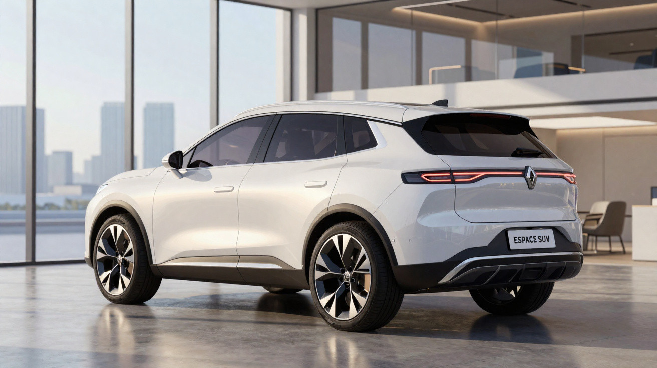 SUV Renault Espace branco estacionado em ambiente interno moderno com grandes janelas de vidro.