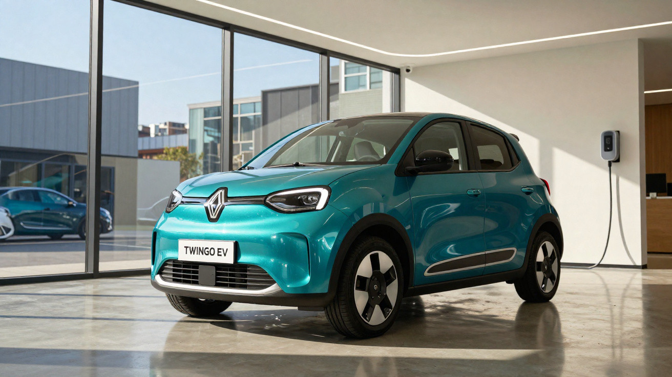 Carro elétrico Renault Twingo EV azul estacionado em showroom moderno com parede branca e carregador elétrico.