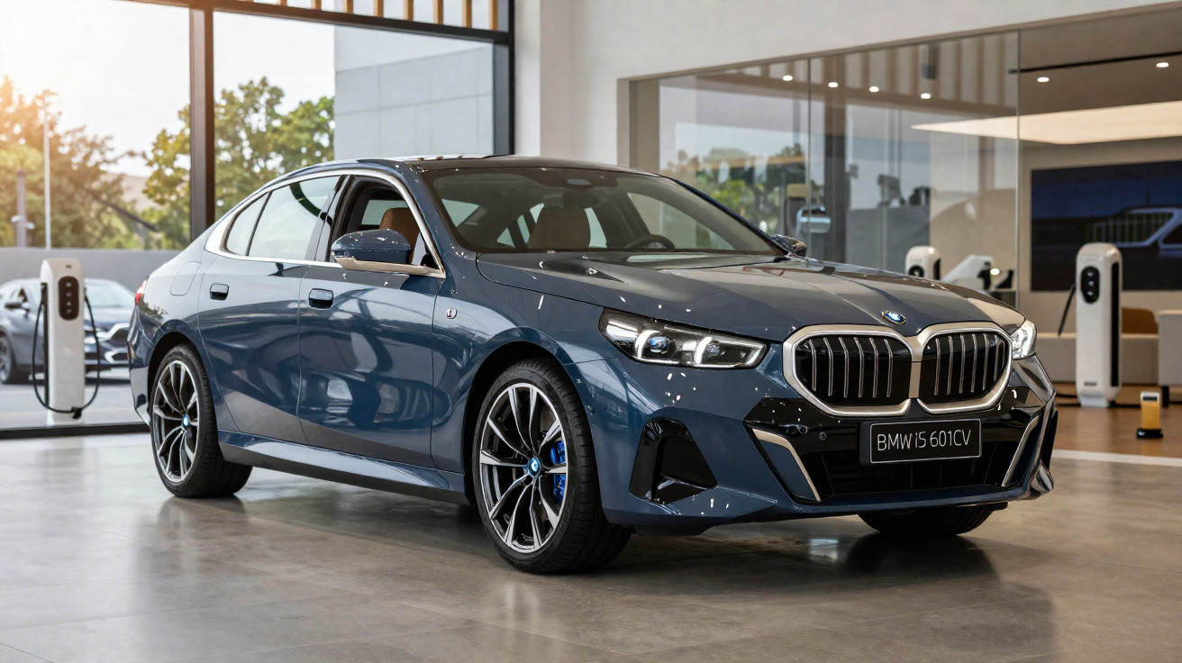 Carro azul BMW Série 5 estacionado em showroom moderno com pisos de concreto e carregadores elétricos ao fundo.
