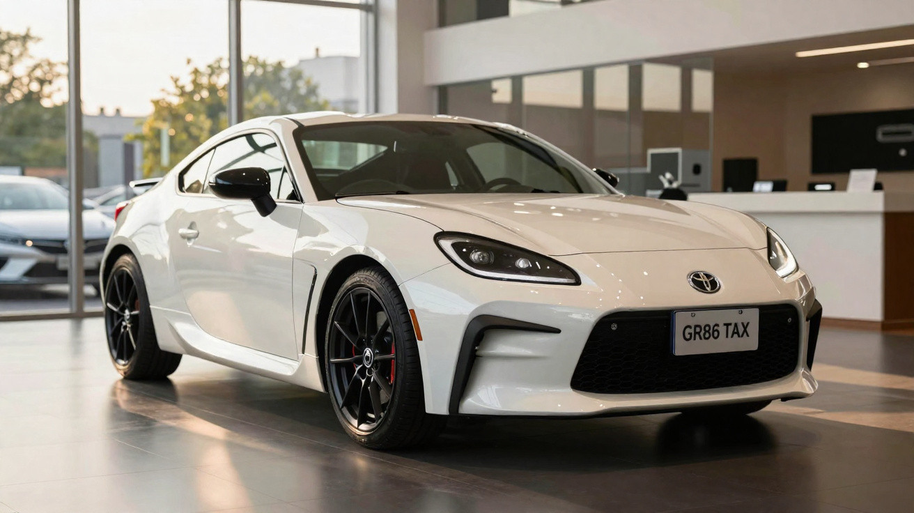 Carro esportivo branco Toyota GR86 exibido em showroom moderno com piso cinza.