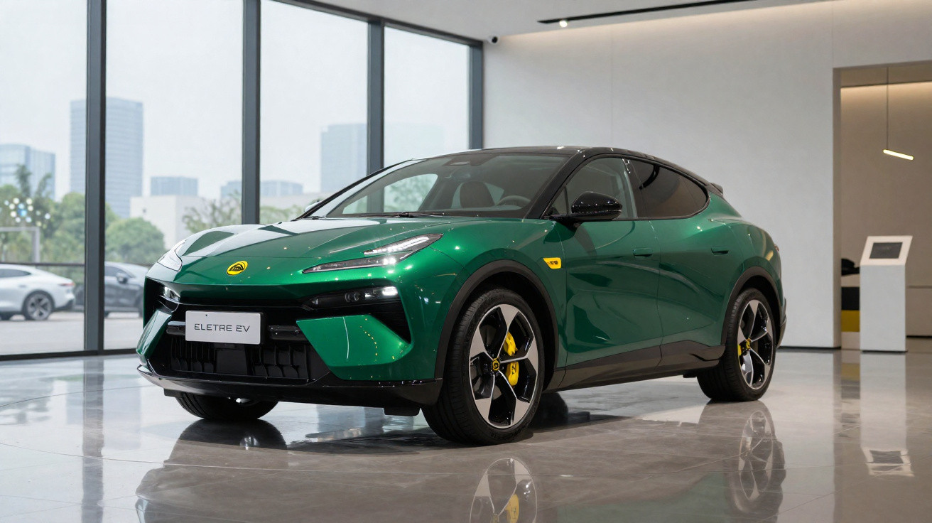 Carro elétrico verde Lotus Eletre EV em exposição dentro de showroom moderno com paredes brancas e grandes janelas.
