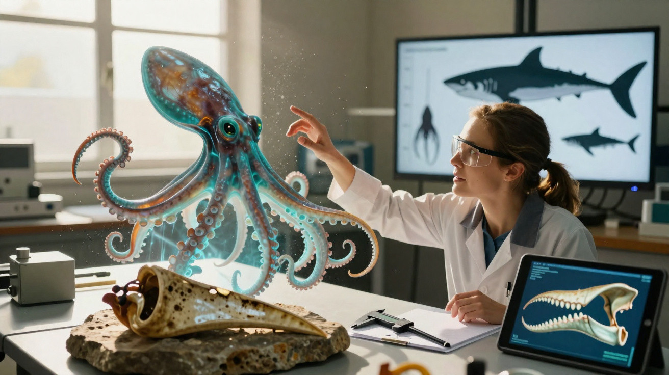 Mulher cientista em laboratório examinando polvo holográfico com imagens de tubarões e crânio na tela.