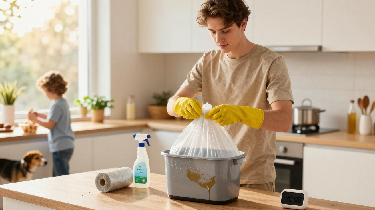 Jovem com luvas amarelas colocando saco de lixo em balde cinza na cozinha moderna iluminada.