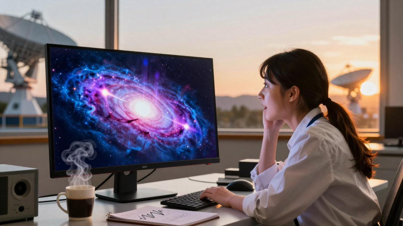 Mulher olhando para tela de computador com imagem de galáxia, com xícara de café fumegante na mesa.