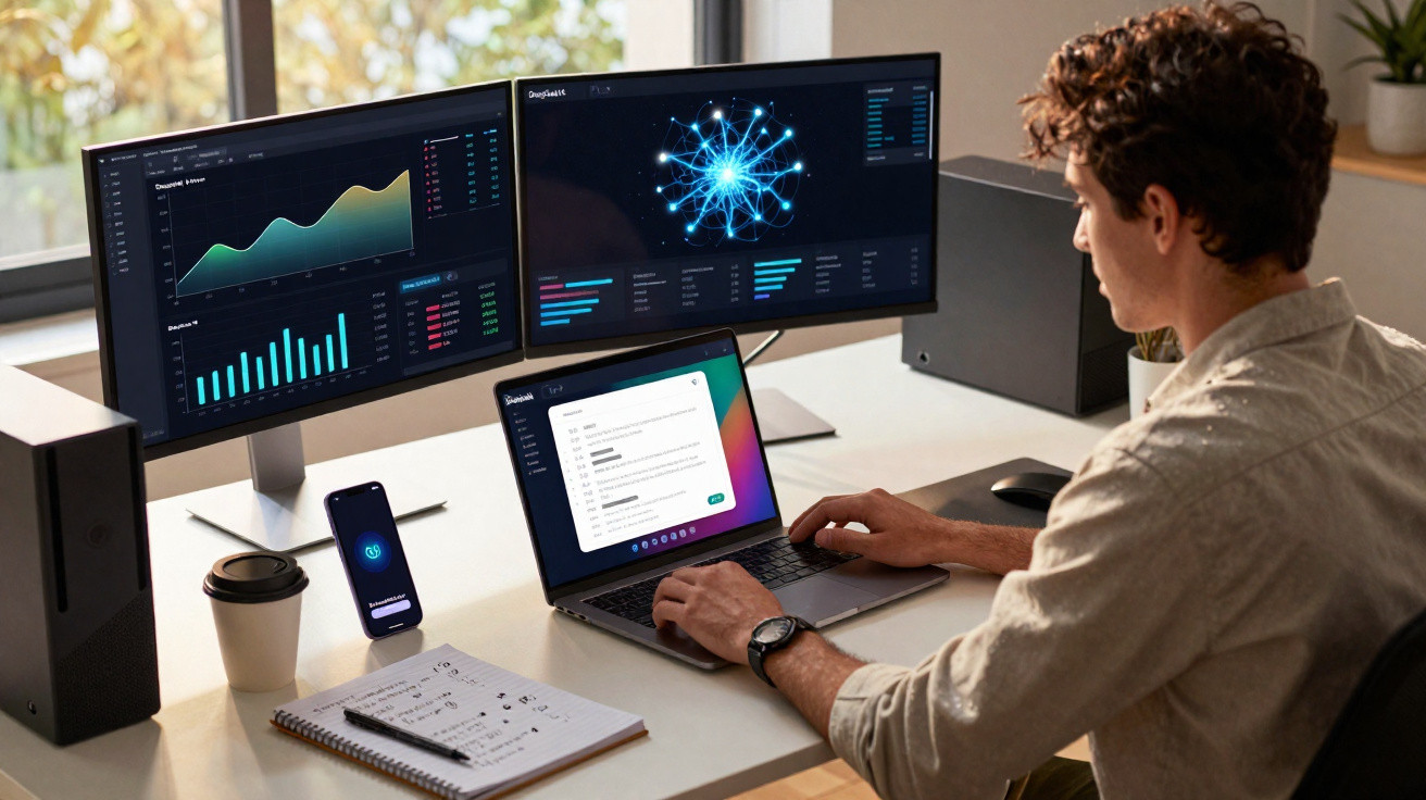 Homem usando laptop com gráficos e dados exibidos em dois monitores em mesa de escritório moderno.