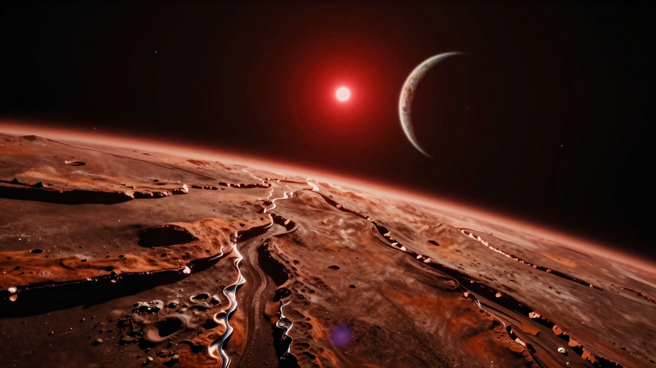 Superfície marciana com cânions profundos, um sol vermelho e um planeta à distância no espaço escuro.