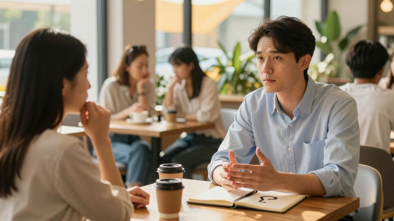Homem falando sério com mulher durante conversa em café, com cadernos e café na mesa.