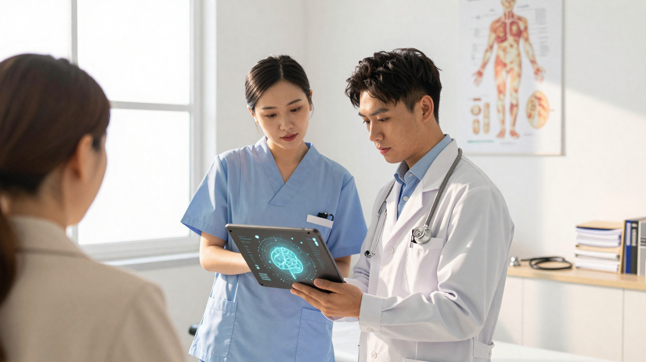 Médico e enfermeira analisam exame cerebral em tablet enquanto paciente aguarda em consultório médico.