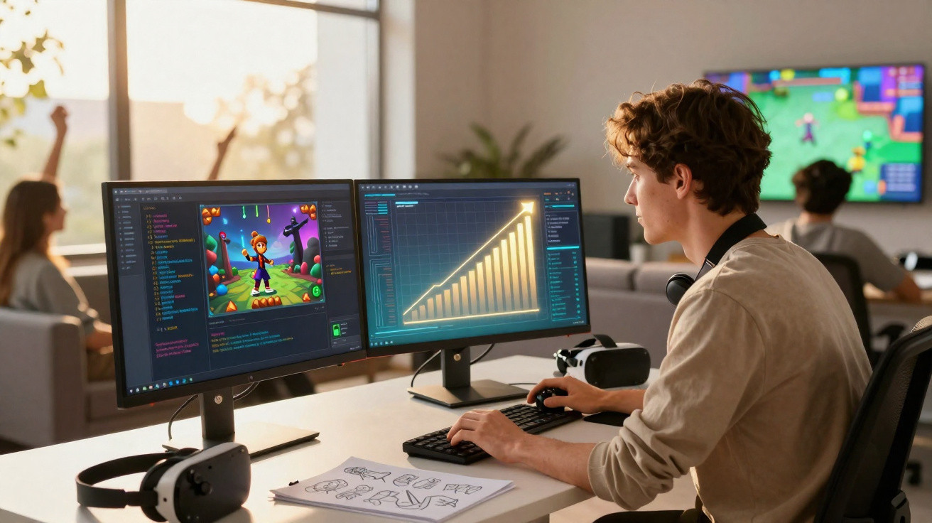 Jovem programador desenvolve jogo em dois monitores com gráficos e códigos, ambiente de escritório moderno.