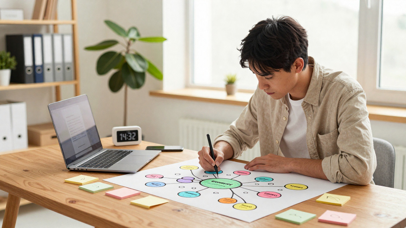 Jovem planejando com mapa mental colorido em mesa de escritório com laptop e post-its.