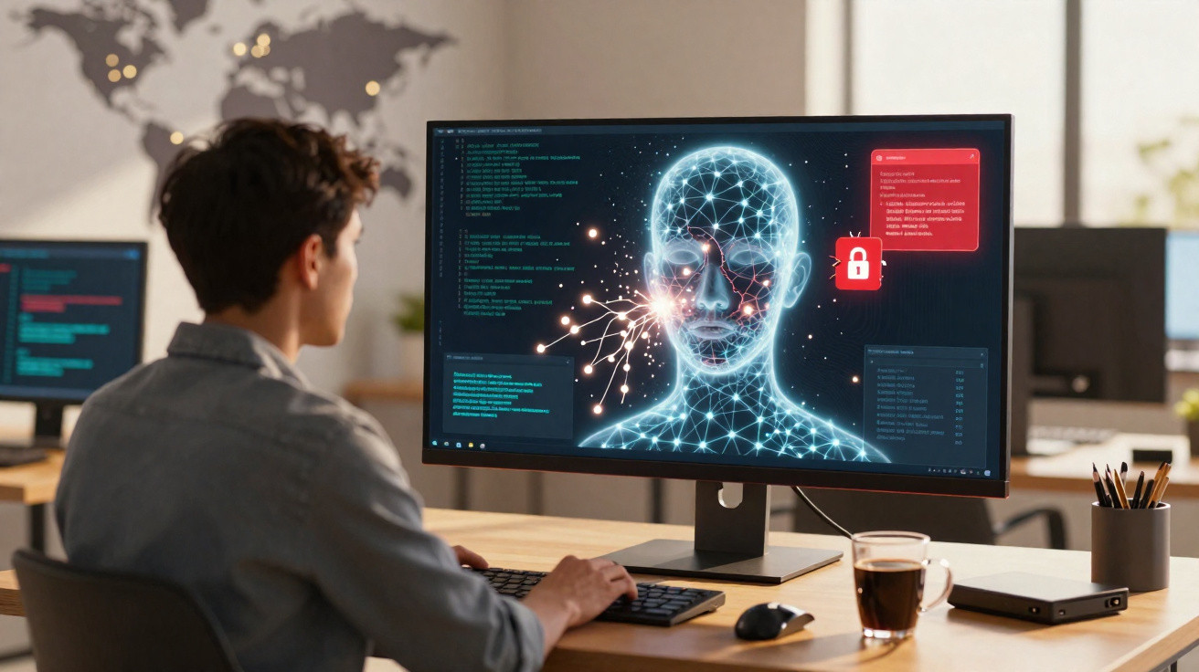 Pessoa sentada em frente a computador com holograma 3D de rosto humano e alertas de segurança na tela.