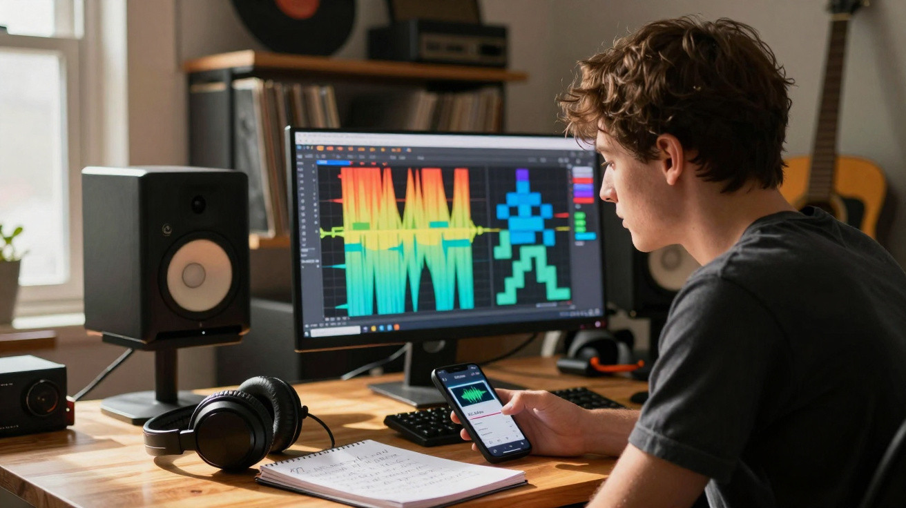 Jovem usando smartphone e computador com software de edição de áudio em ambiente de estúdio caseiro.