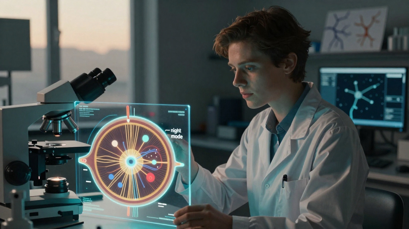 Cientista em laboratório analisando holograma de olho humano ao lado de microscópio e telas digitais.