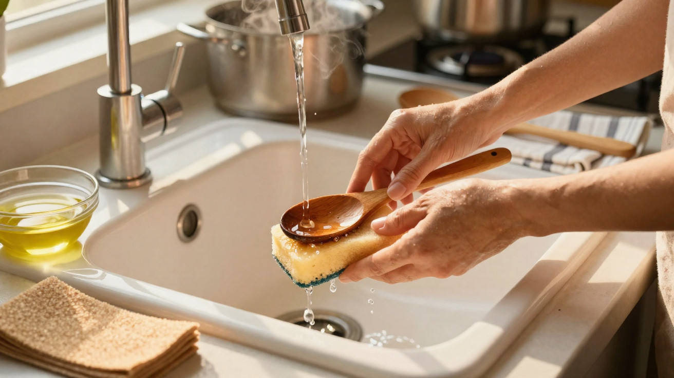 Pessoa lavando uma colher de madeira com esponja sob torneira com água corrente em pia de cozinha.