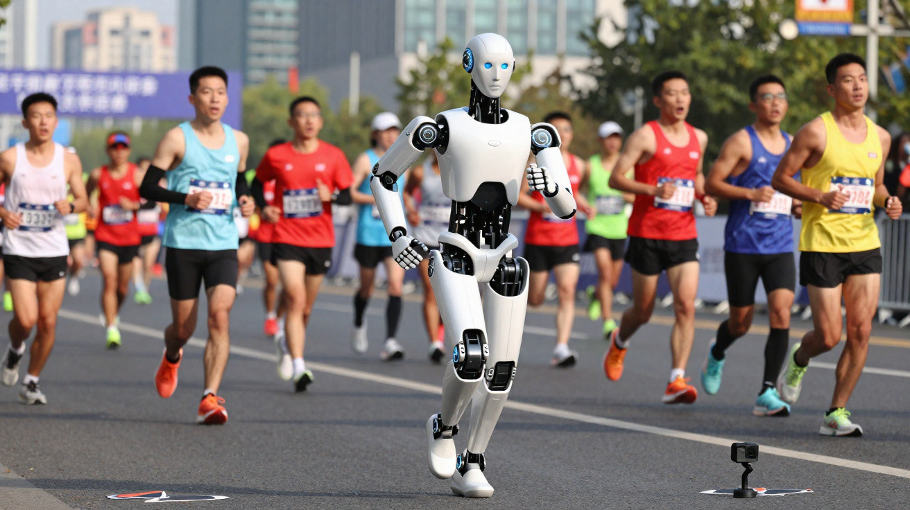 Robô humanoide correndo em maratona urbana junto com diversos corredores humanos ao fundo.