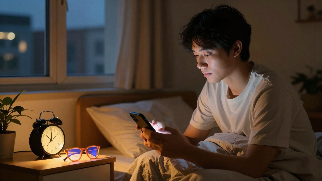 Jovem sentado na cama olhando para o celular ao lado de despertador e óculos na mesa no quarto à noite.