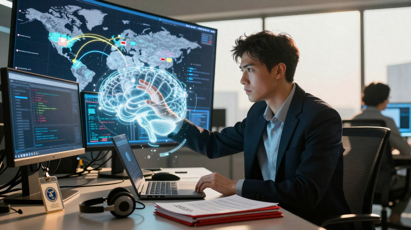 Homem analisando cérebro digital em holograma, com múltiplos monitores e mapas em ambiente de escritório moderno.